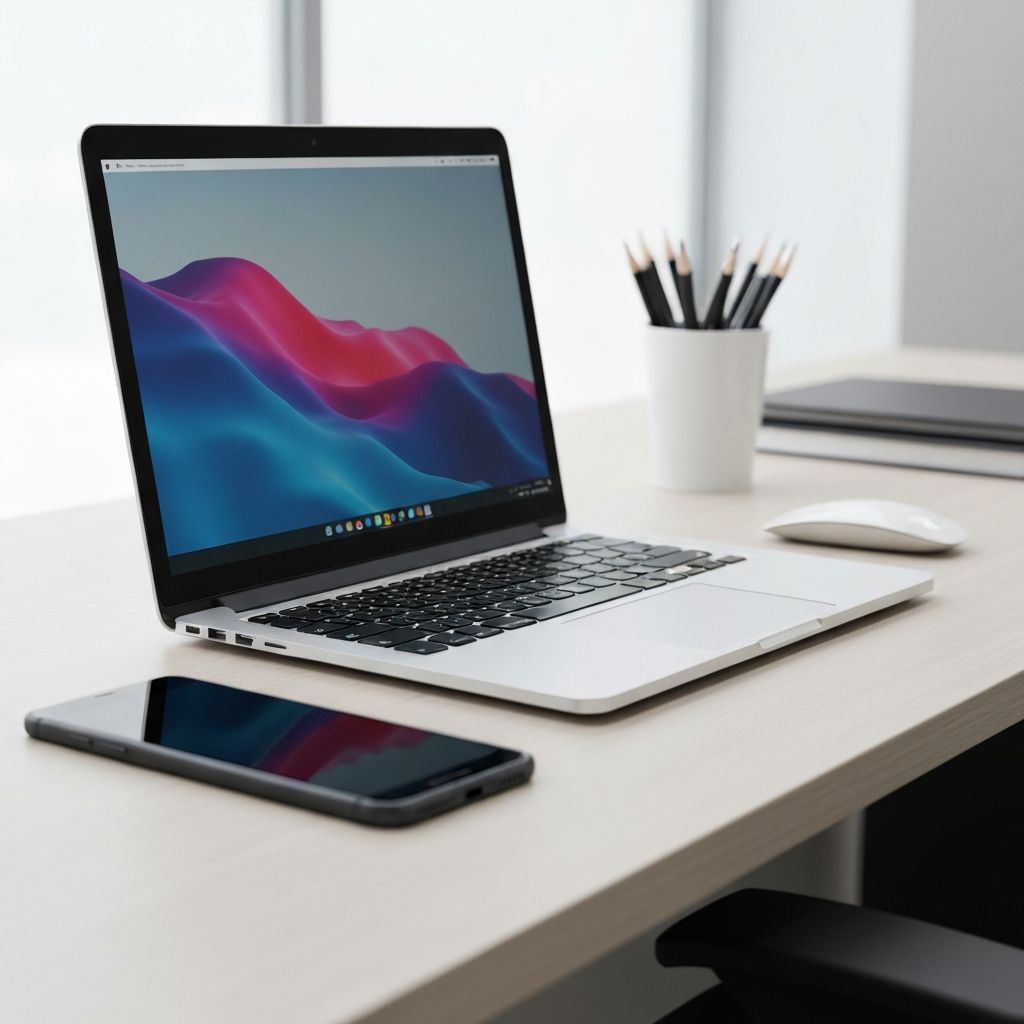 Modern tech workspace with laptop and smartphones
